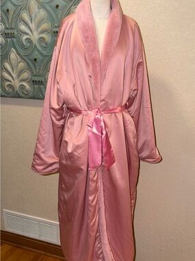 Minky Couture Pink Satin Faux Fur Long Robe M/L Luxury Plush Belted Duster